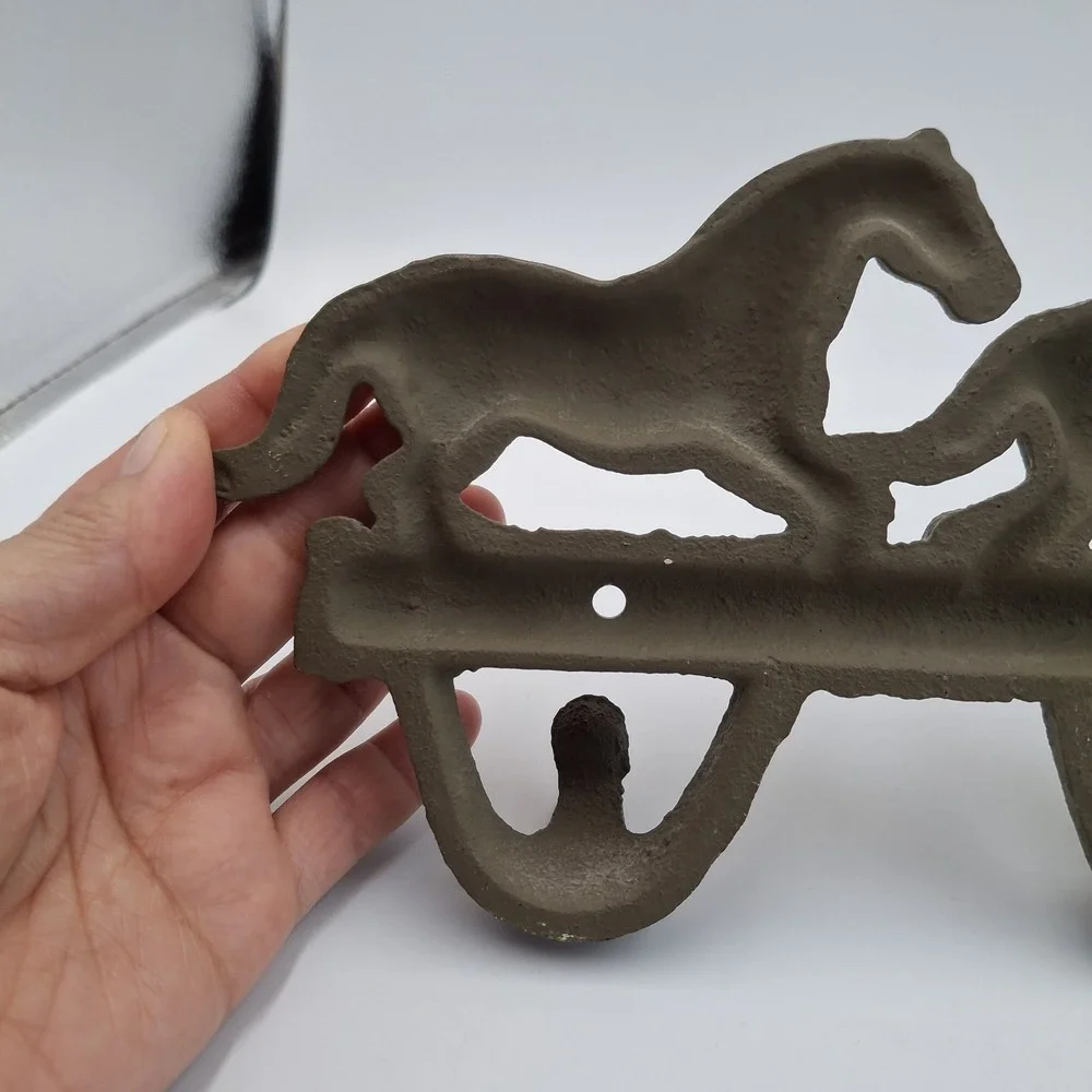 Vintage Rustic Cast Iron Running Horses Wall Hook Rack 3 Hook Western Decor 12
